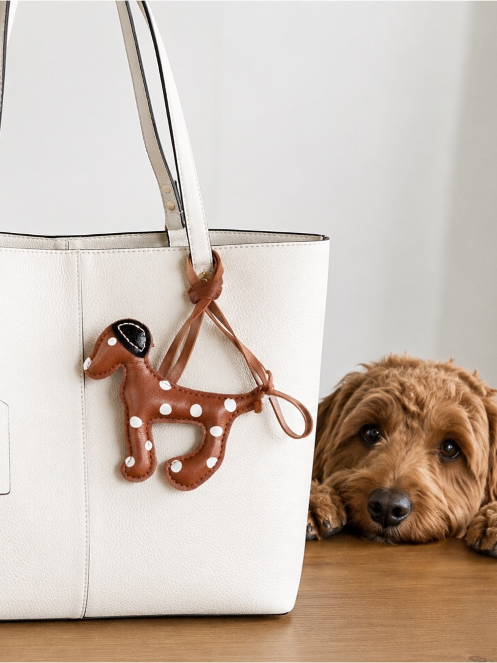 Brown Polka Dot Dog Bag Charm Faux Leather Purse Charm Keychain Accessory
